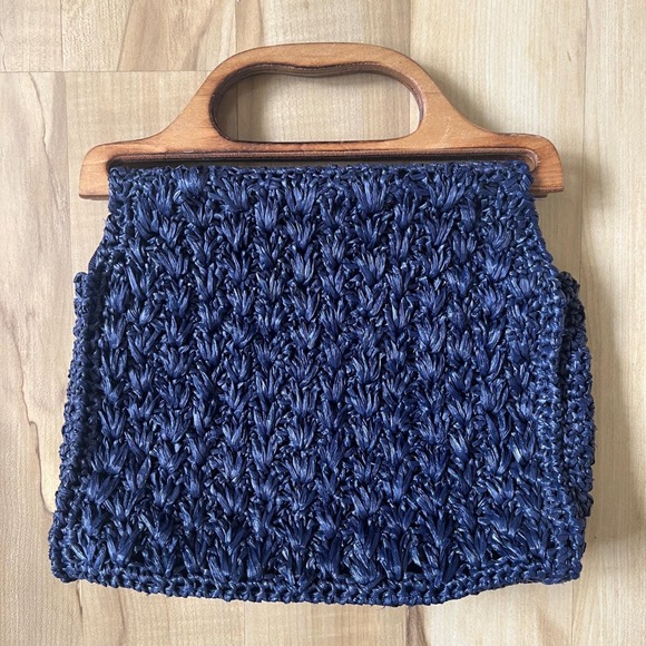 Handbags - Vintage Handbag Straw Navy Blue Wood Coastal Beach Preppy Cottage‎ Classic Vacay